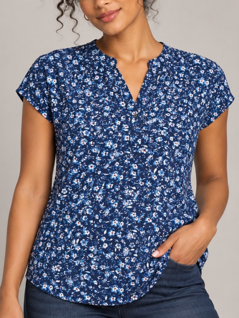 Navy Floral Short-Sleeve Women’s Blouse